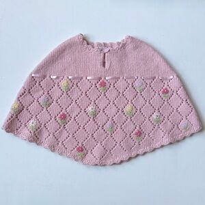 Ring Around the Rosie Girls Pink Knit Poncho with Floral Embroidery - Size 4T